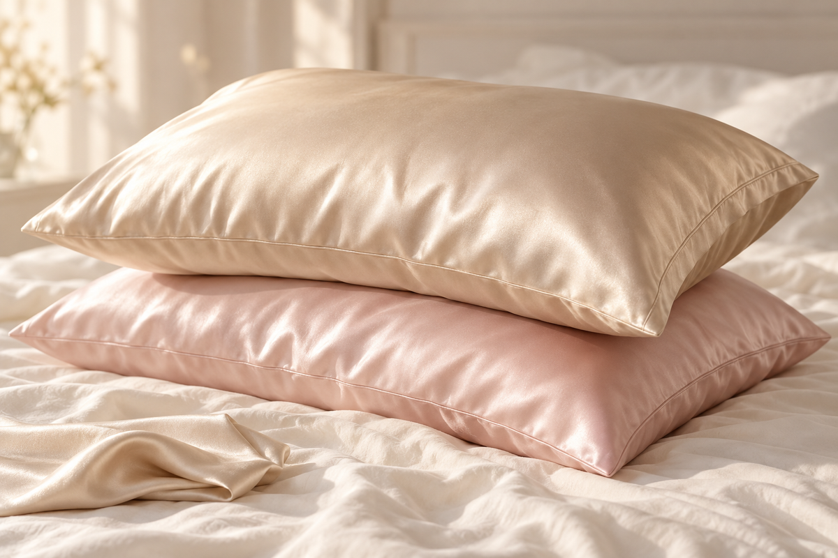AI-generated concept of champagne and blush pillowcases on ivory bedding; not final DVALIA product photography.
